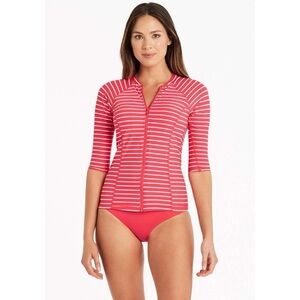 Sea Level Woman Striped 3/4 Sleeve Rash Guard  Zip-Up Swimwear US4 Surf Coastal